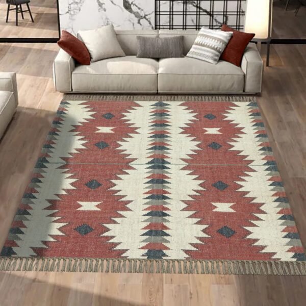 Handwoven Bohemian Round Wool Jute Durry for Bedroom - Image 3