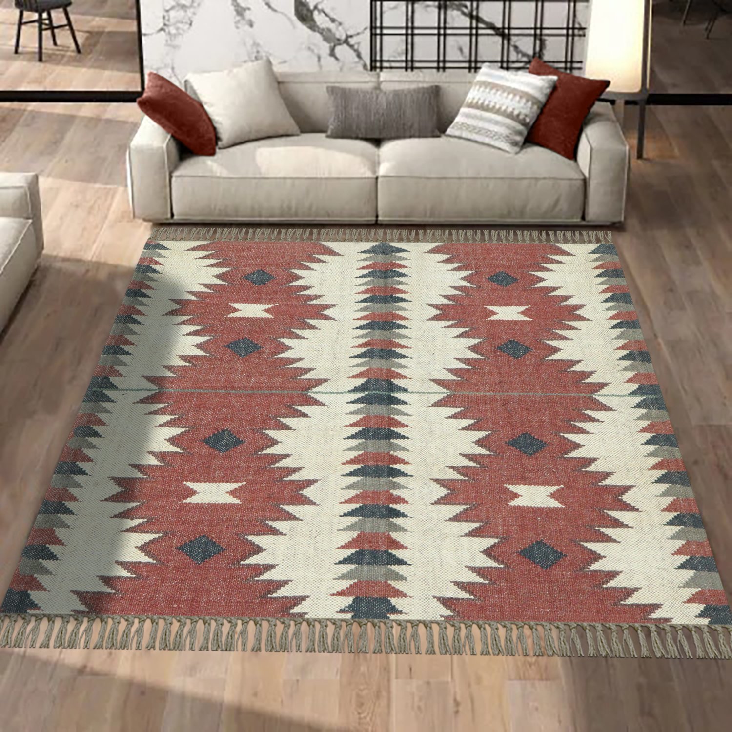 Handwoven Bohemian Round Wool Jute Durry for Bedroom - Image 3