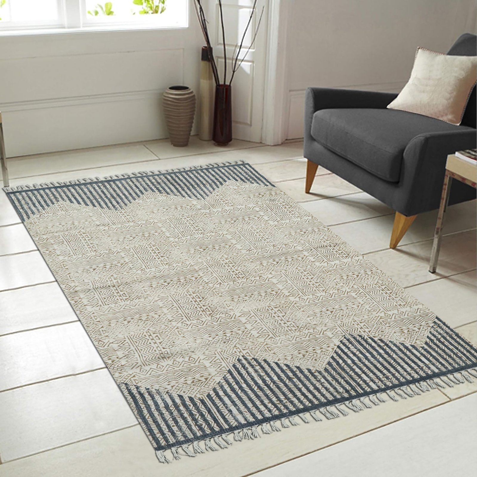 インドの敷物 草木染めコットンダリー リビングマットサイズ 約 幾何学 プレゼント アジアン クリスマス ラグ インド綿 エスニック コットン - 120 X 180 CM - Image 3