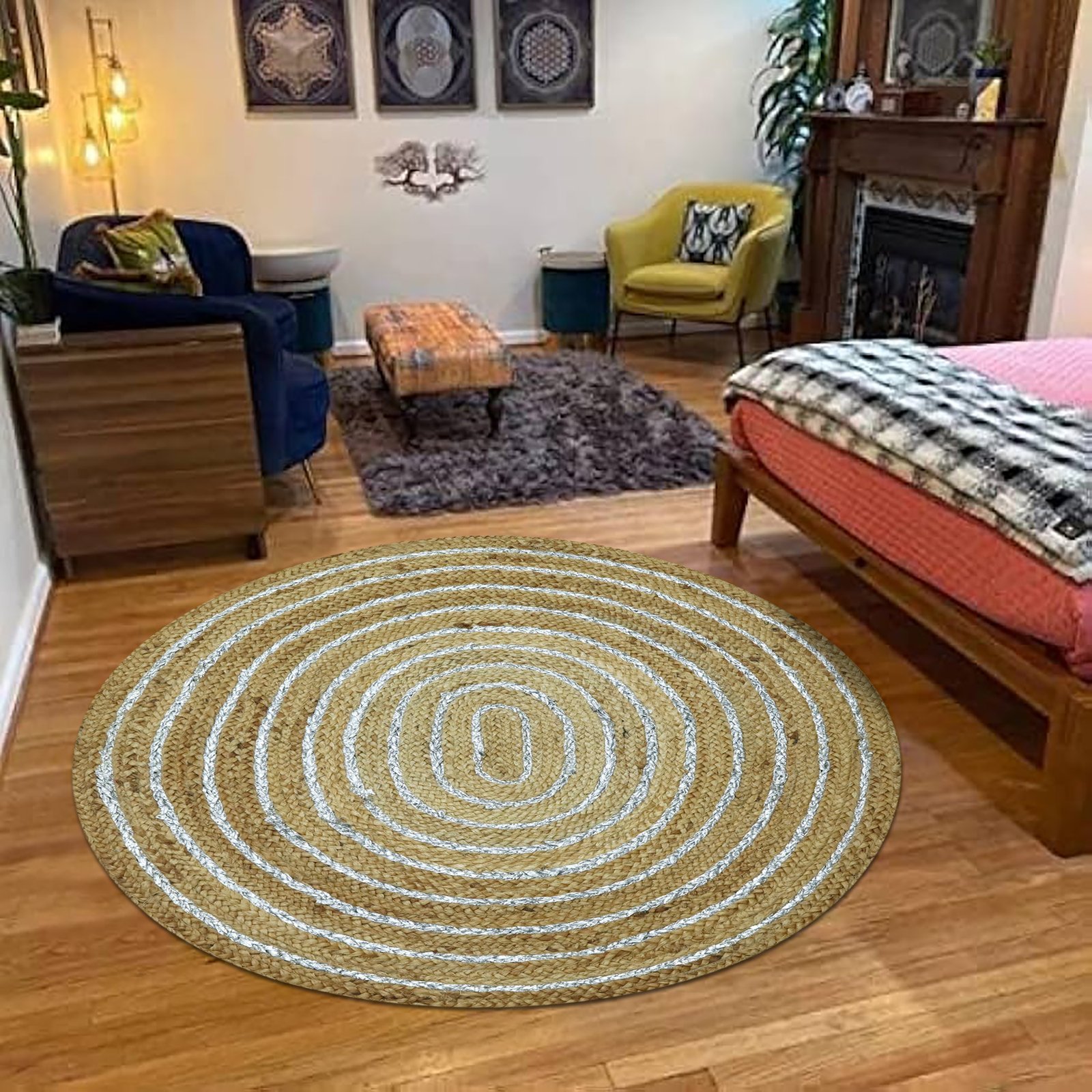 手作りのジュートラグ、天然素材、正方形、ベッドサイドに最適 - Image 3