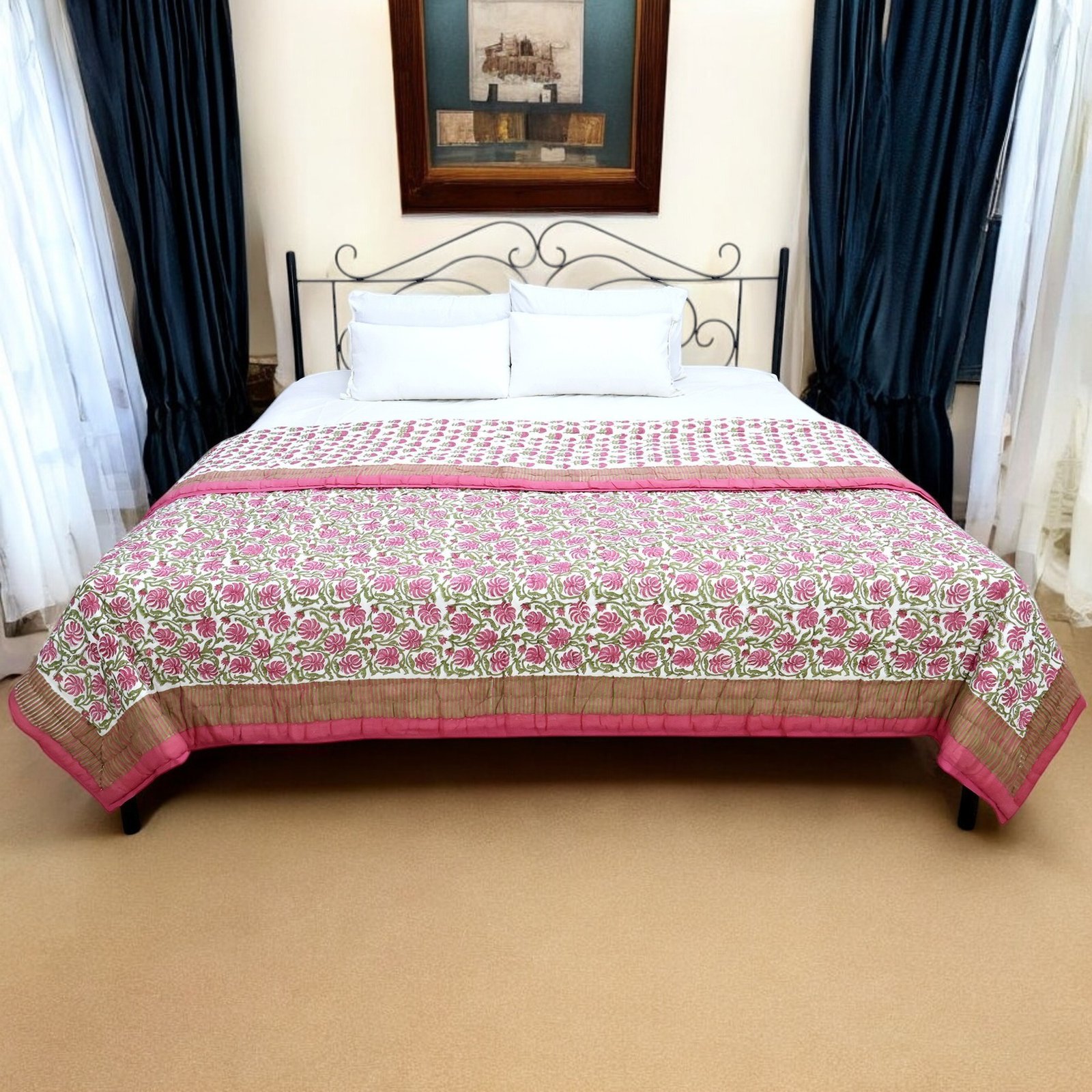 Handmade Handblock Printed Rectangle Quilt with Premium Cotton
