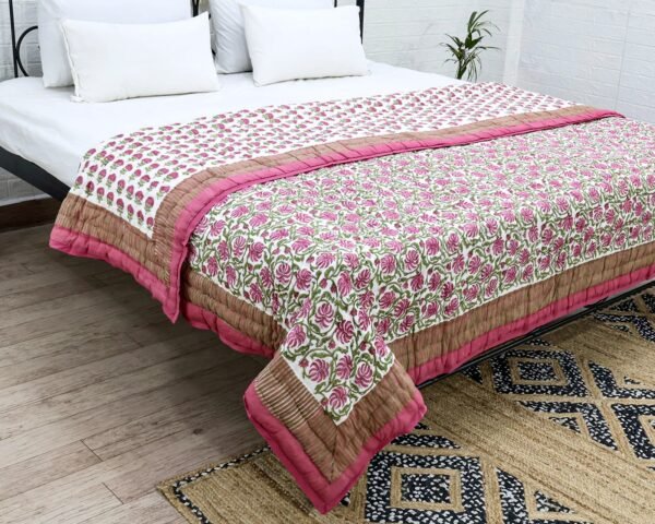 Handmade Handblock Printed Rectangle Quilt with Premium Cotton - Image 2