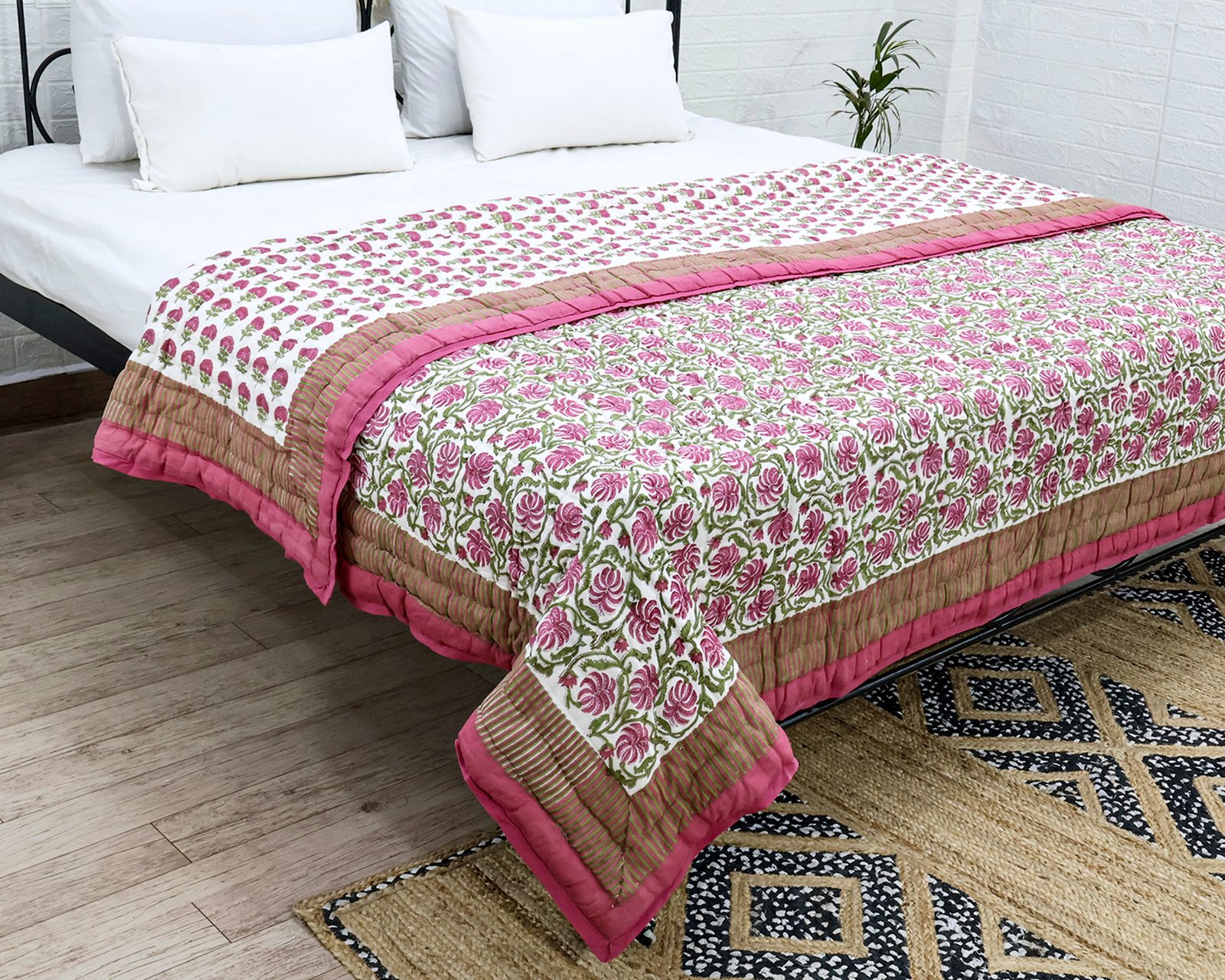 Handmade Handblock Printed Rectangle Quilt with Premium Cotton - Image 2
