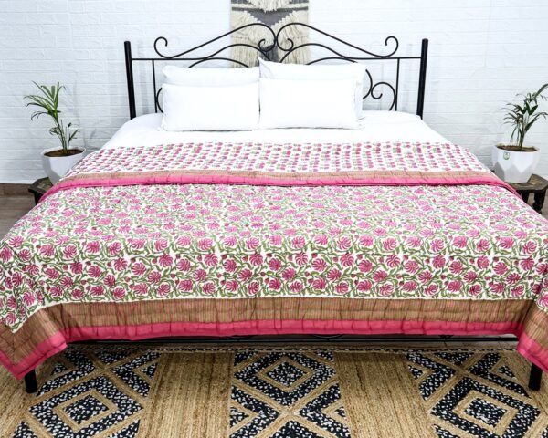 Handmade Handblock Printed Rectangle Quilt with Premium Cotton - Image 4