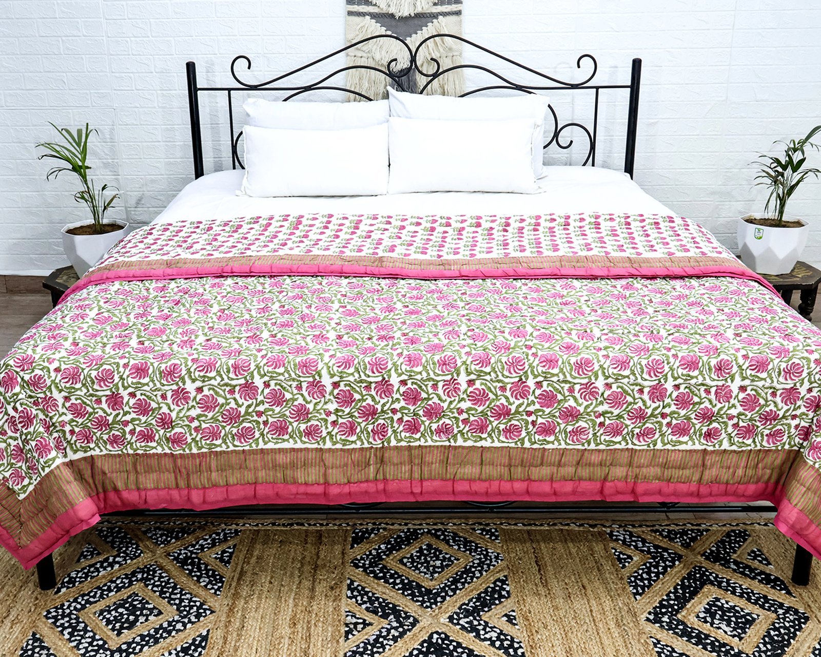 Handmade Handblock Printed Rectangle Quilt with Premium Cotton - Image 4