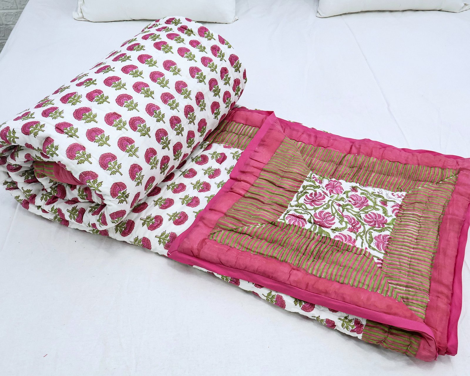 Handmade Handblock Printed Rectangle Quilt with Premium Cotton - Image 6