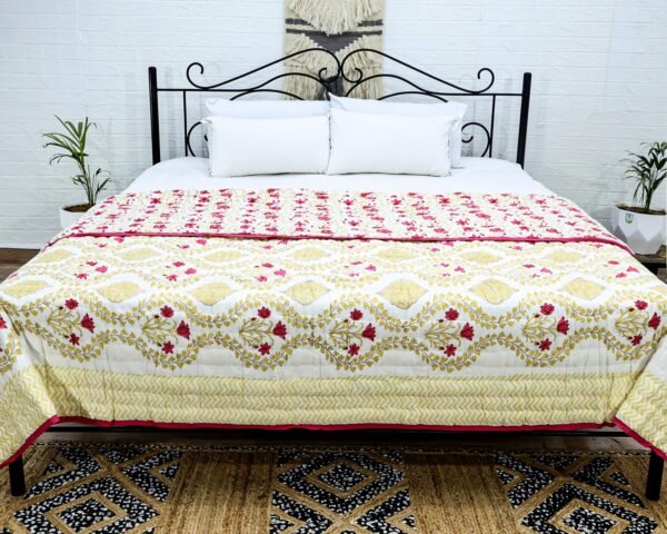 Handmade Handblock Printed Square Quilt with Artistic Prints - Image 2