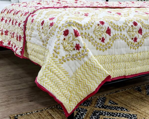 Handmade Handblock Printed Square Quilt with Artistic Prints - Image 3