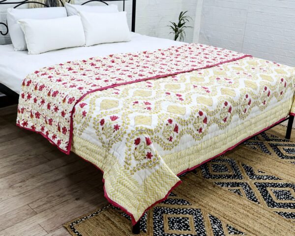 Handmade Handblock Printed Square Quilt with Artistic Prints - Image 4