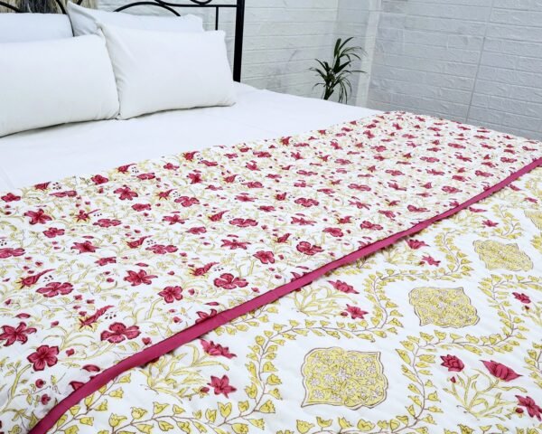 Handmade Handblock Printed Square Quilt with Artistic Prints - Image 5