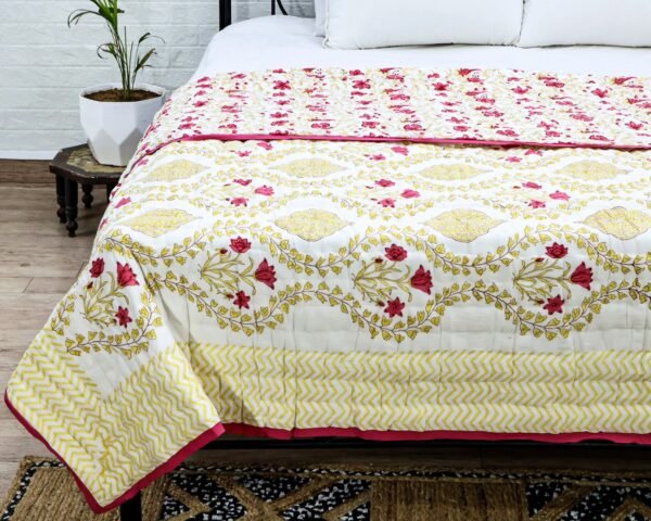 Handmade Handblock Printed Square Quilt with Artistic Prints - Image 6