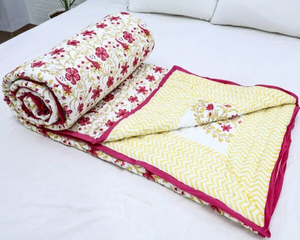 Handmade Handblock Printed Square Quilt with Artistic Prints - Image 7