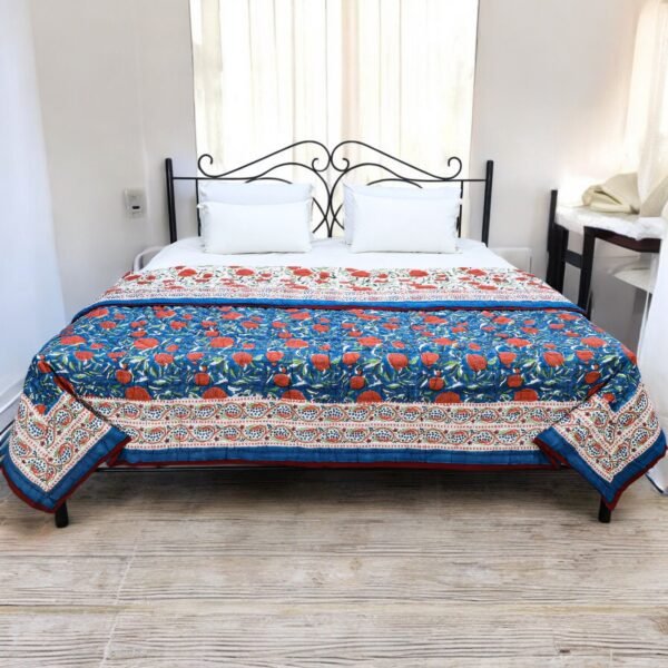 Cotton Handblock Printed Rectangle Quilt with Handmade Craft
