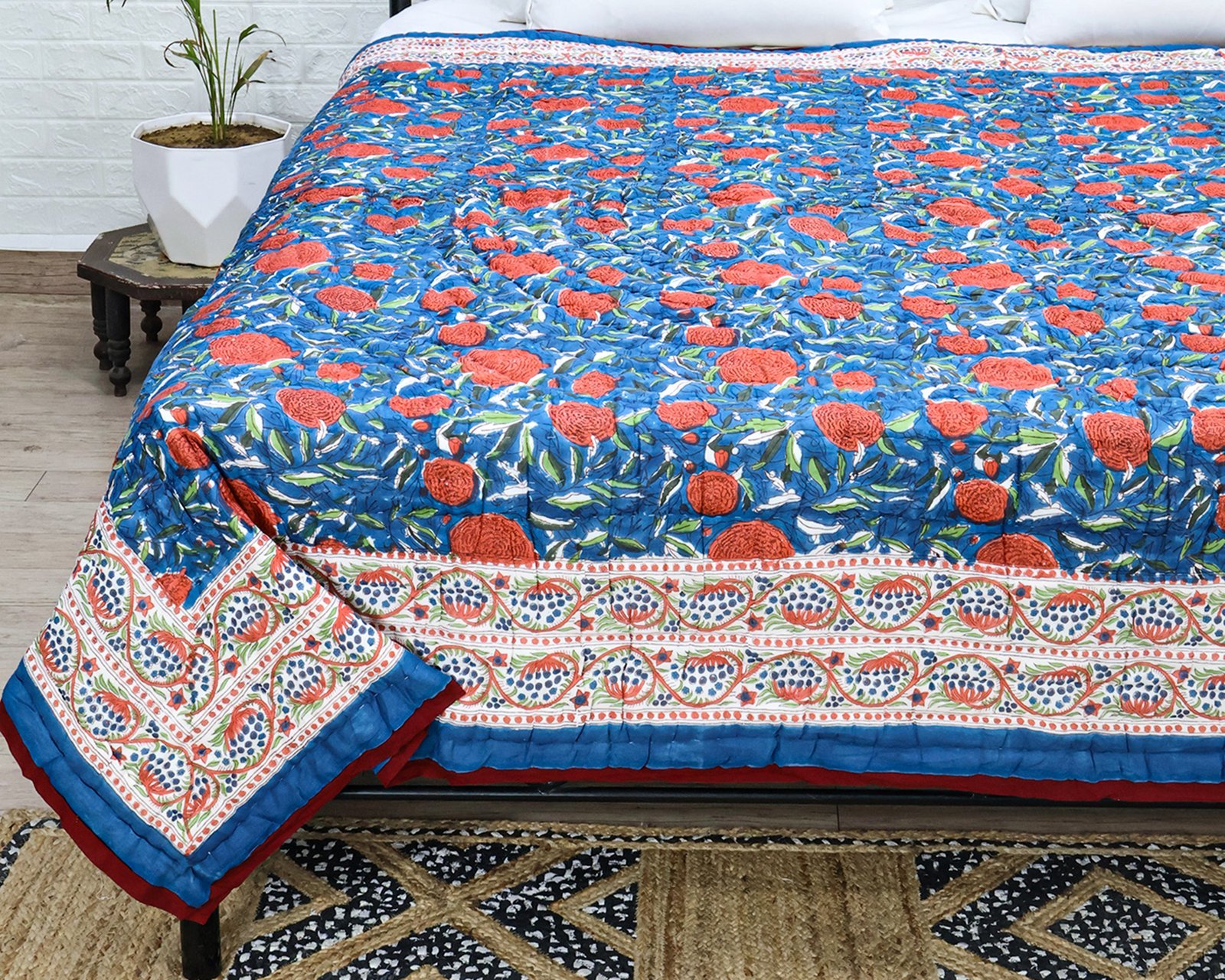 Cotton Handblock Printed Rectangle Quilt with Handmade Craft - Image 2
