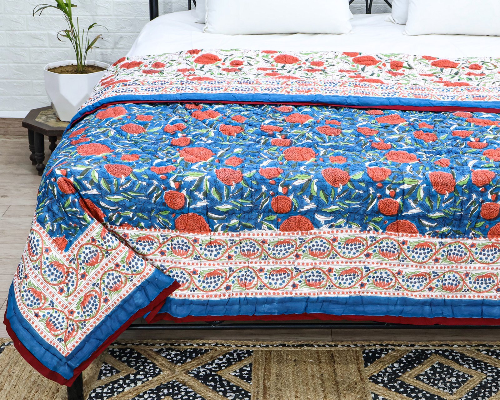 Cotton Handblock Printed Rectangle Quilt with Handmade Craft - Image 3