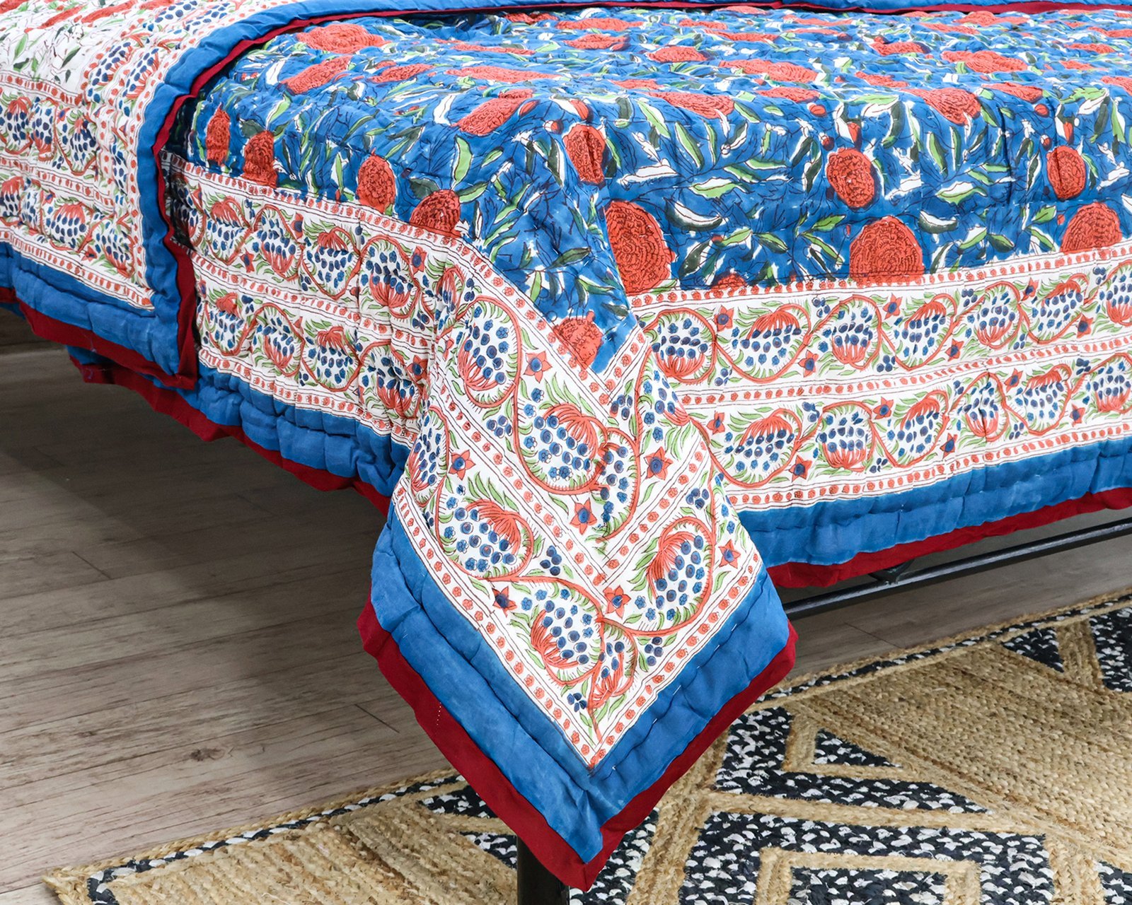 Cotton Handblock Printed Rectangle Quilt with Handmade Craft - Image 4