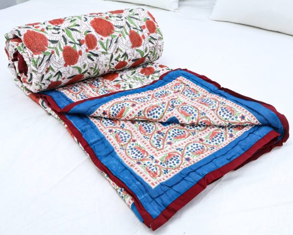 Cotton Handblock Printed Rectangle Quilt with Handmade Craft - Image 7