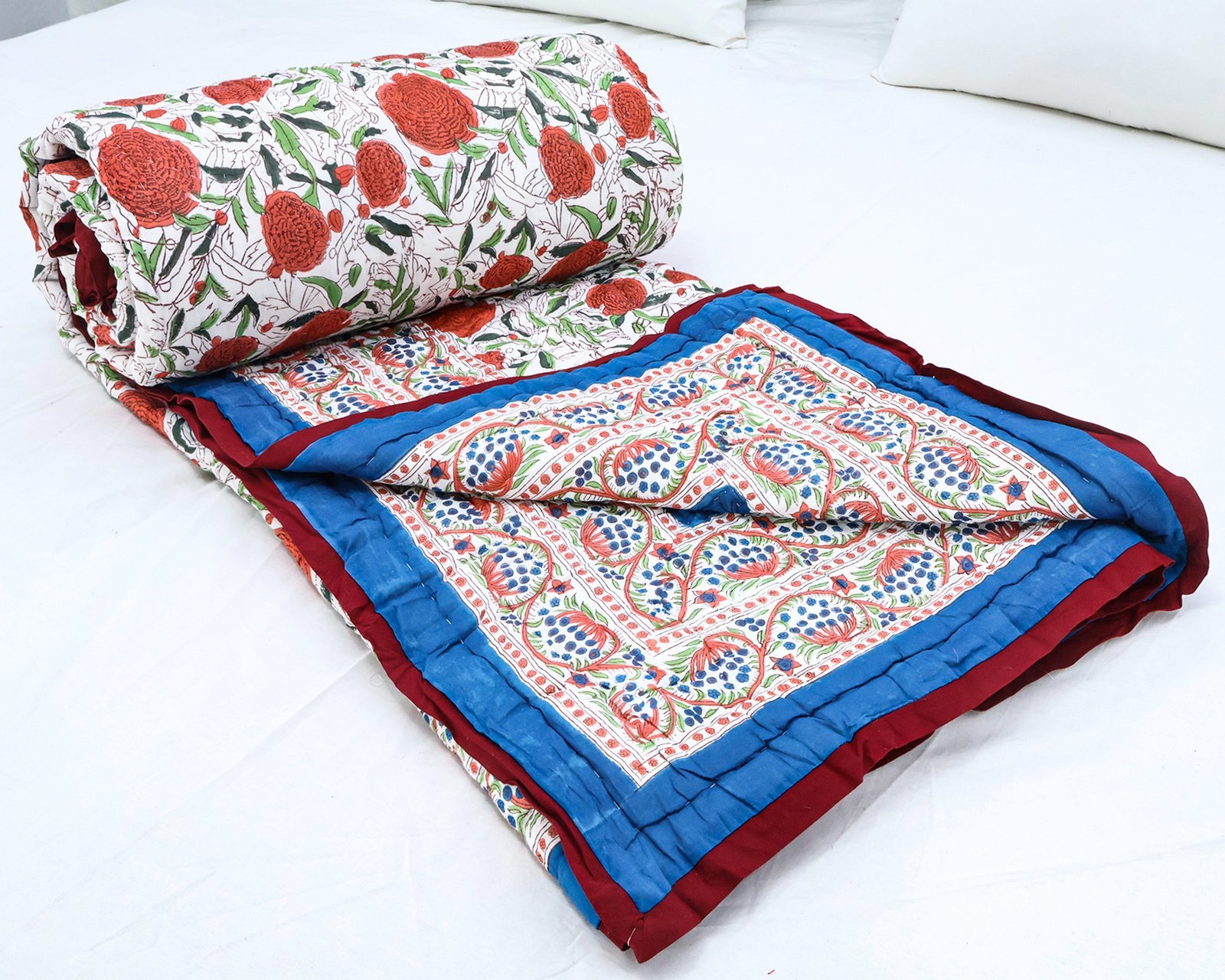 Cotton Handblock Printed Rectangle Quilt with Handmade Craft - Image 7
