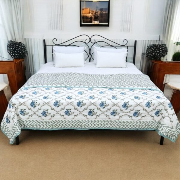 Cotton Handblock Printed Square Quilt for Luxury Homes