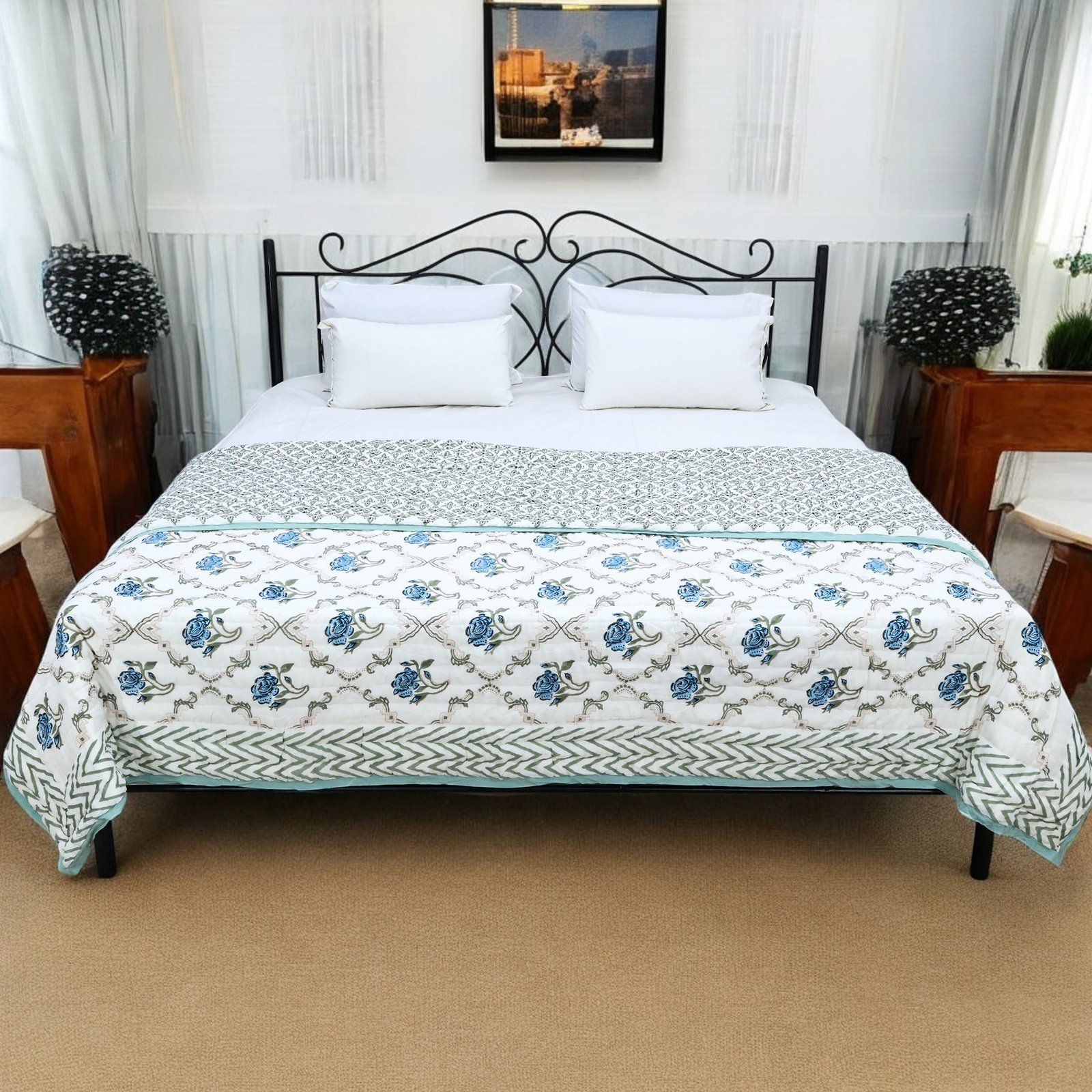 Cotton Handblock Printed Square Quilt for Luxury Homes