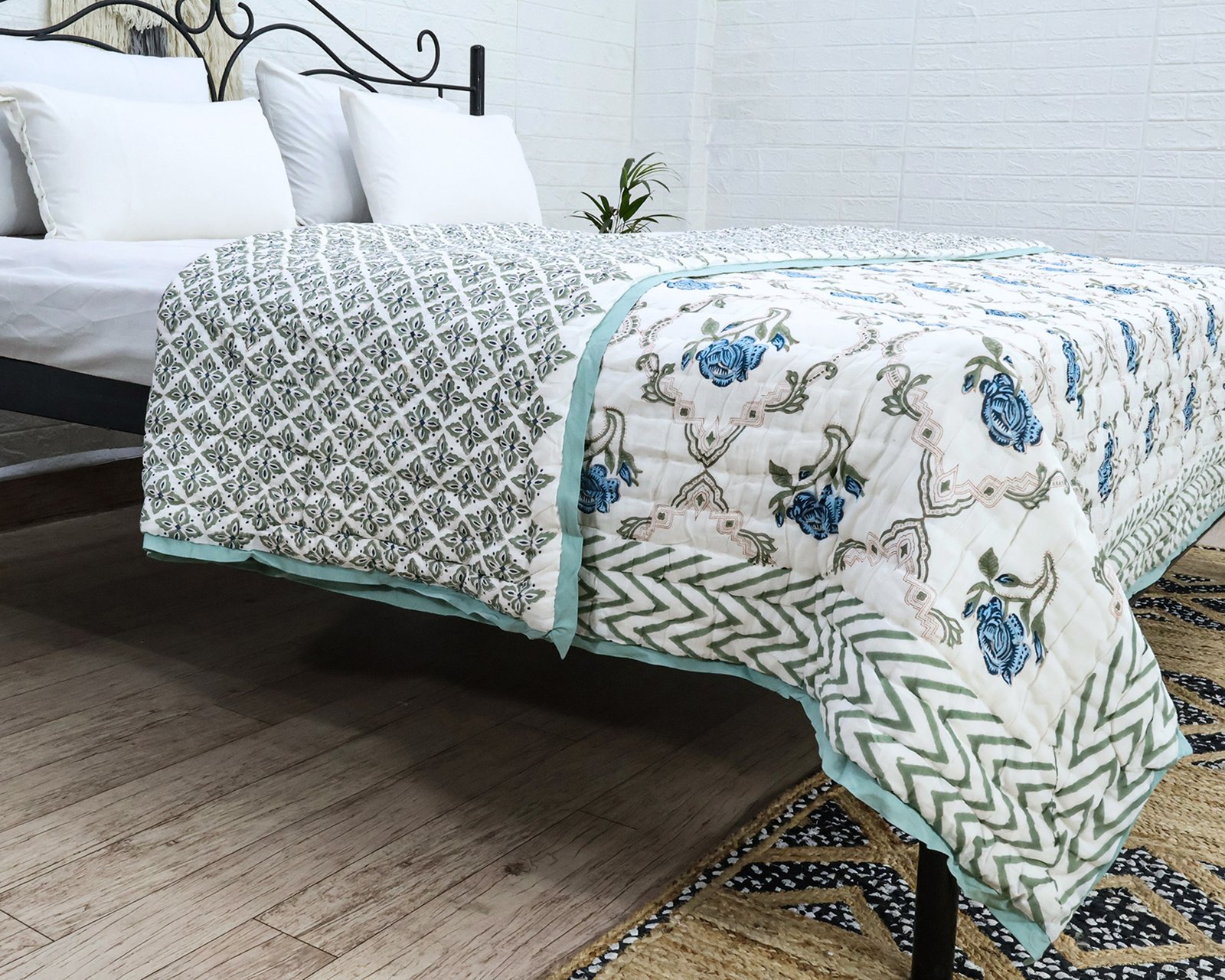 Cotton Handblock Printed Square Quilt for Luxury Homes - Image 4