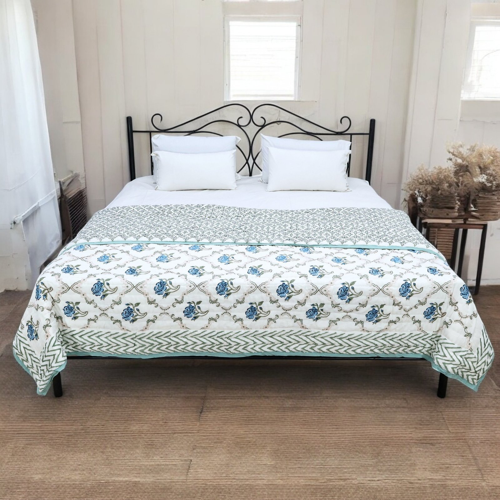 Cotton Handblock Printed Square Quilt for Luxury Homes - Image 7