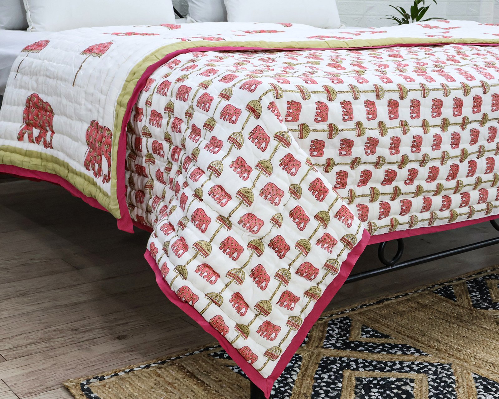 Traditional Handblock Printed Rectangle Quilt with Vibrant Colors - Image 2