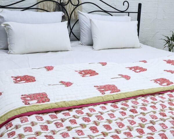 Traditional Handblock Printed Rectangle Quilt with Vibrant Colors - Image 3