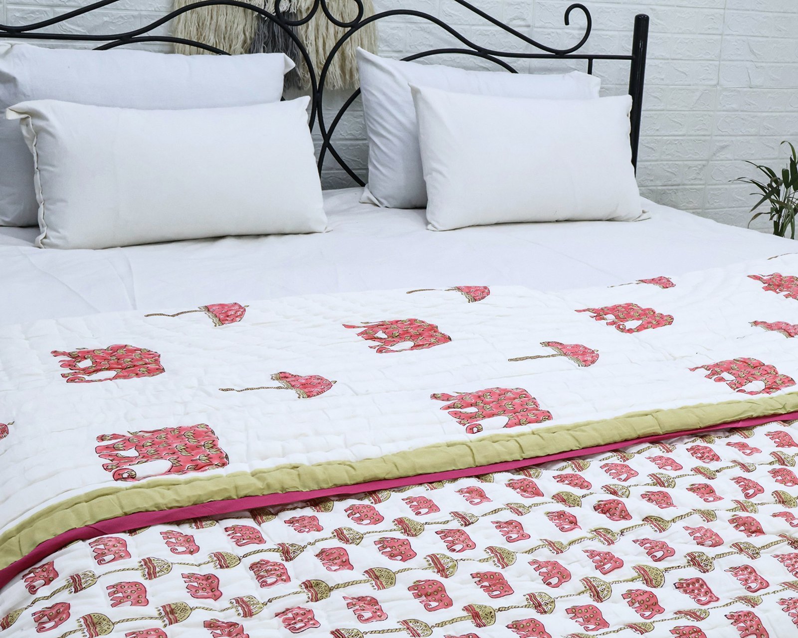 Traditional Handblock Printed Rectangle Quilt with Vibrant Colors - Image 3
