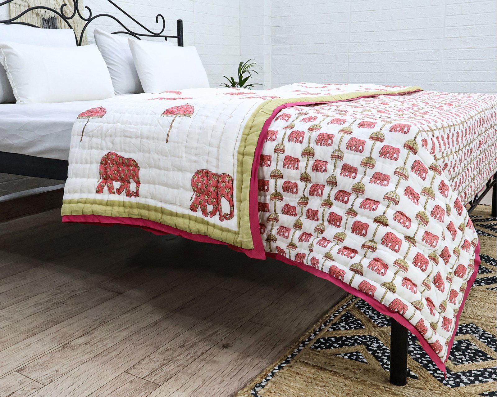 Traditional Handblock Printed Rectangle Quilt with Vibrant Colors - Image 4