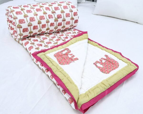 Traditional Handblock Printed Rectangle Quilt with Vibrant Colors - Image 5