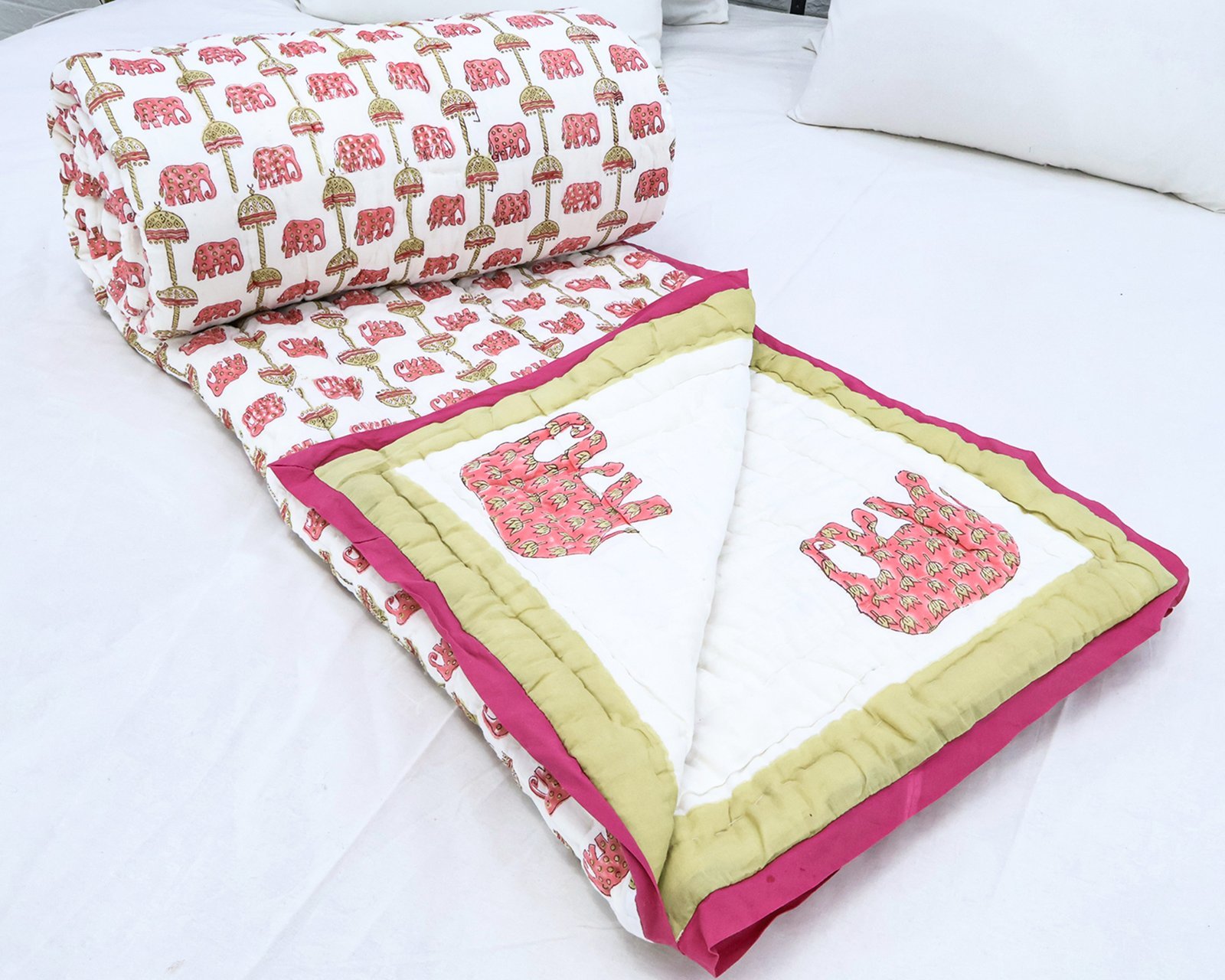 Traditional Handblock Printed Rectangle Quilt with Vibrant Colors - Image 5
