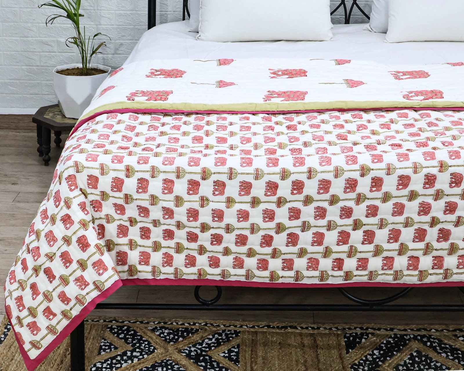 Traditional Handblock Printed Rectangle Quilt with Vibrant Colors - Image 6