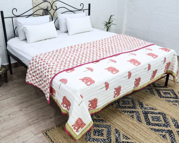 Traditional Handblock Printed Rectangle Quilt with Vibrant Colors - Image 7