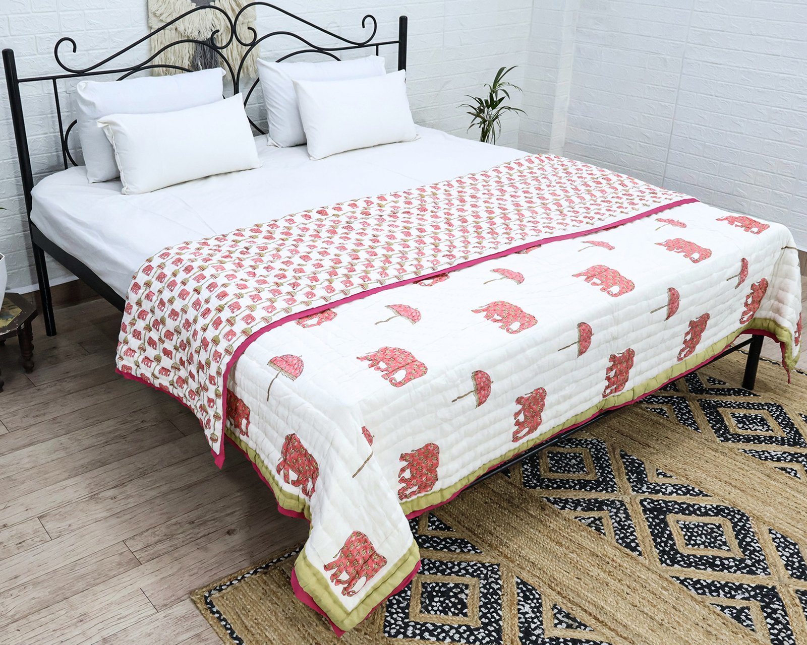Traditional Handblock Printed Rectangle Quilt with Vibrant Colors - Image 7