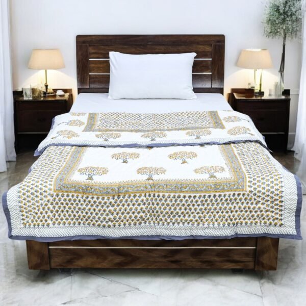 Traditional Handblock Printed Square Quilt for Double Beds