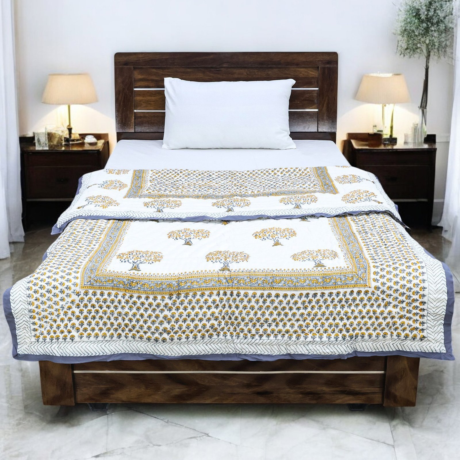 Traditional Handblock Printed Square Quilt for Double Beds