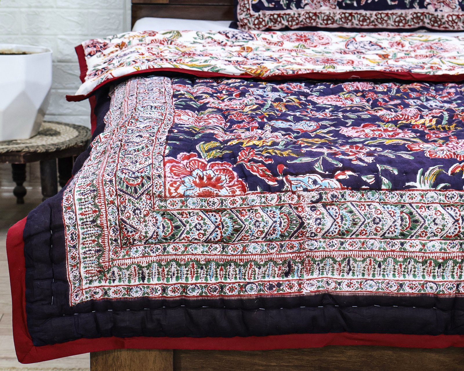 Modern Handblock Printed Square Quilt with Timeless Design - Image 4