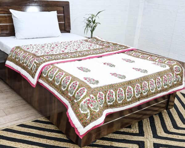 Designer Handblock Printed Rectangle Quilt for Japanese Living - Image 7