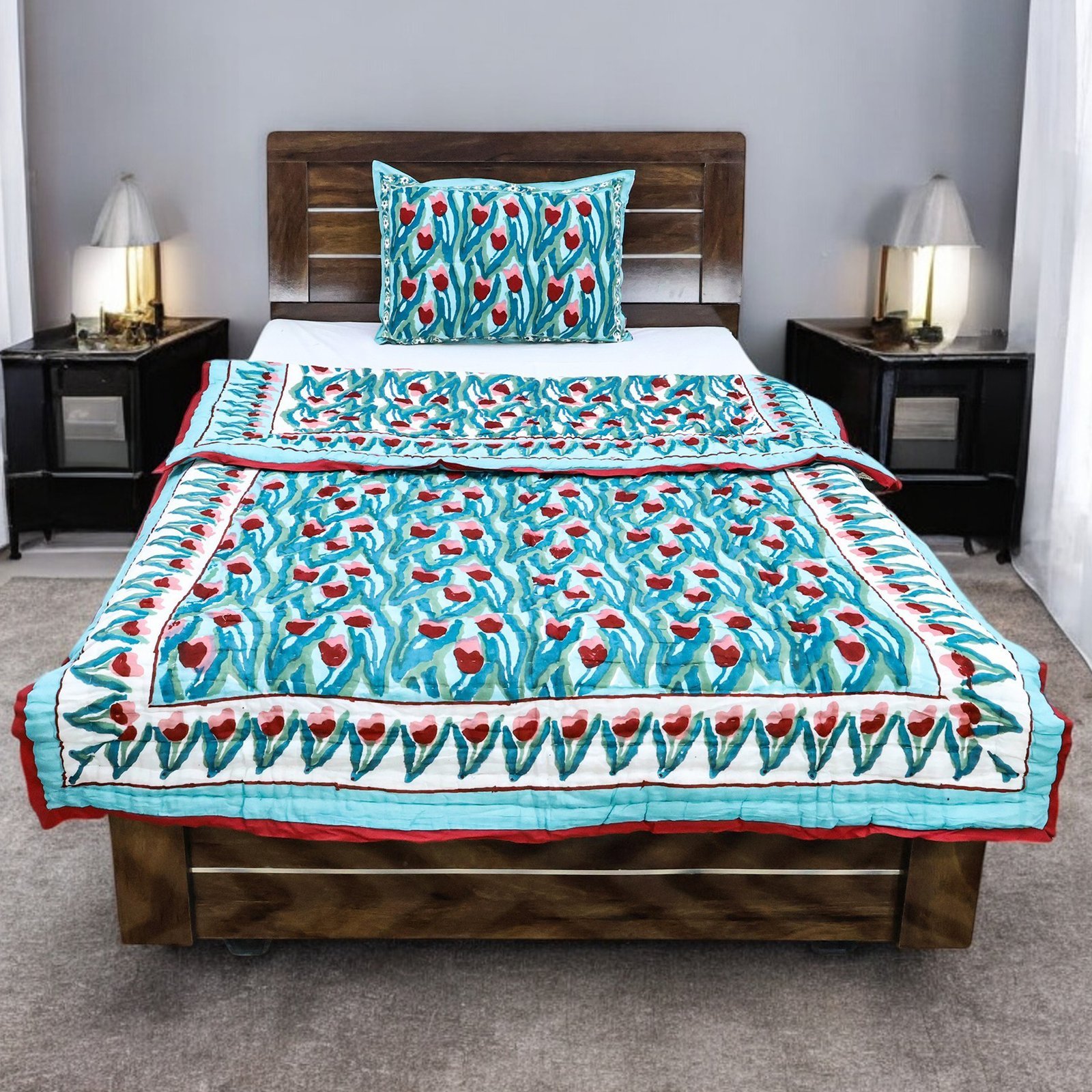 Handblock Printed Quilt Square for Elegant Bedrooms