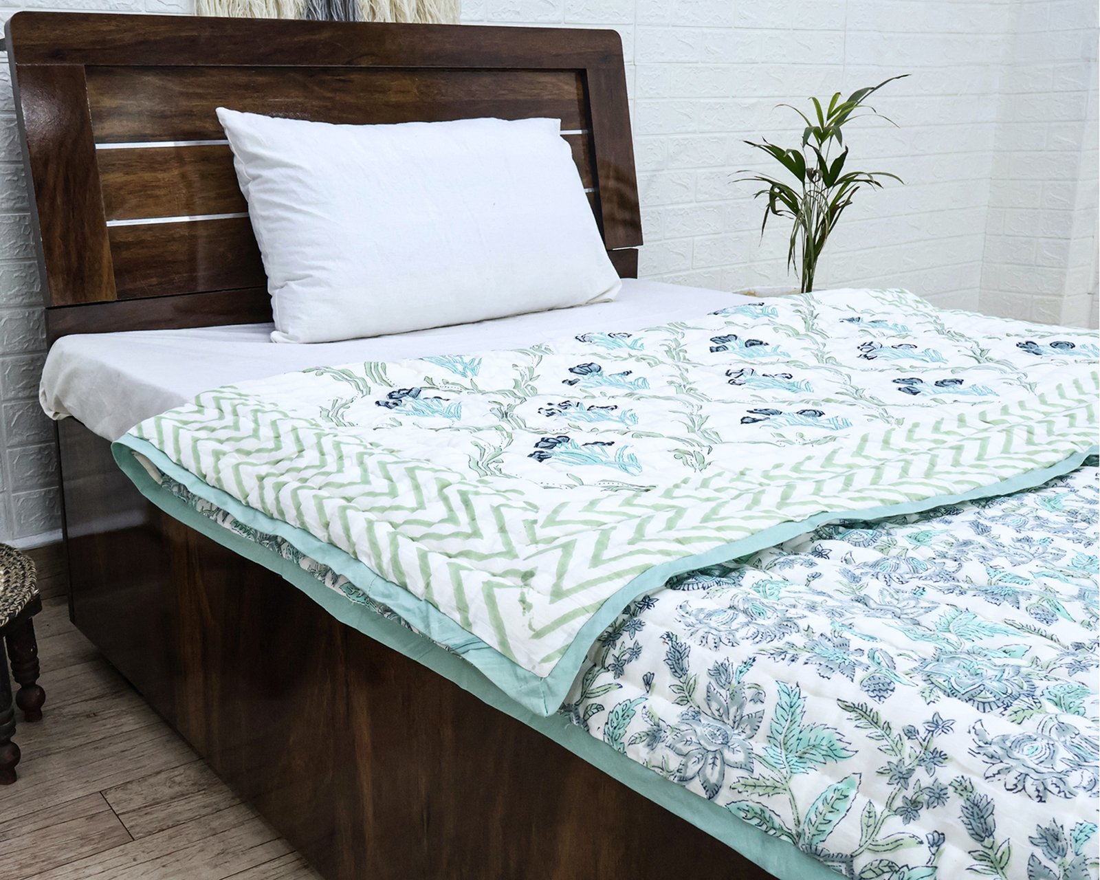 Cotton Handblock Printed Rectangle Quilt with Handmade Craft - Image 3