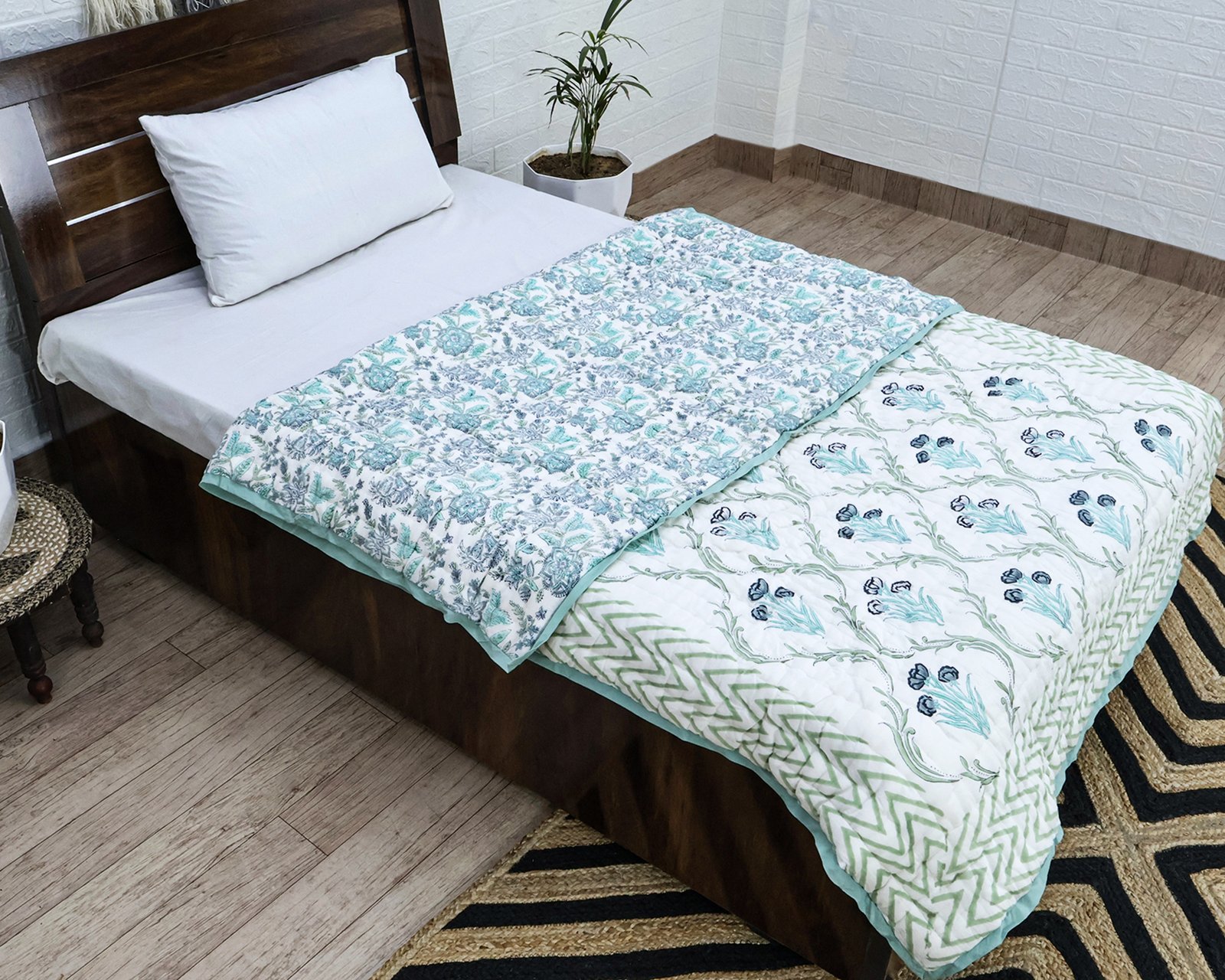 Cotton Handblock Printed Rectangle Quilt with Handmade Craft - Image 5