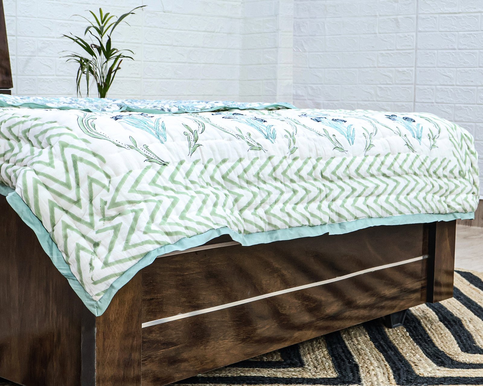 Cotton Handblock Printed Rectangle Quilt with Handmade Craft - Image 6