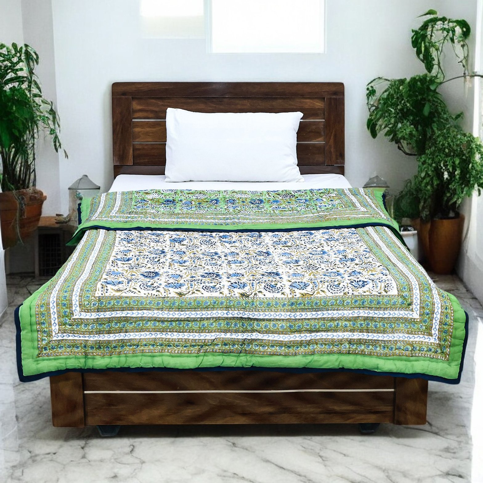 Cotton Handblock Printed Square Quilt for Luxury Homes