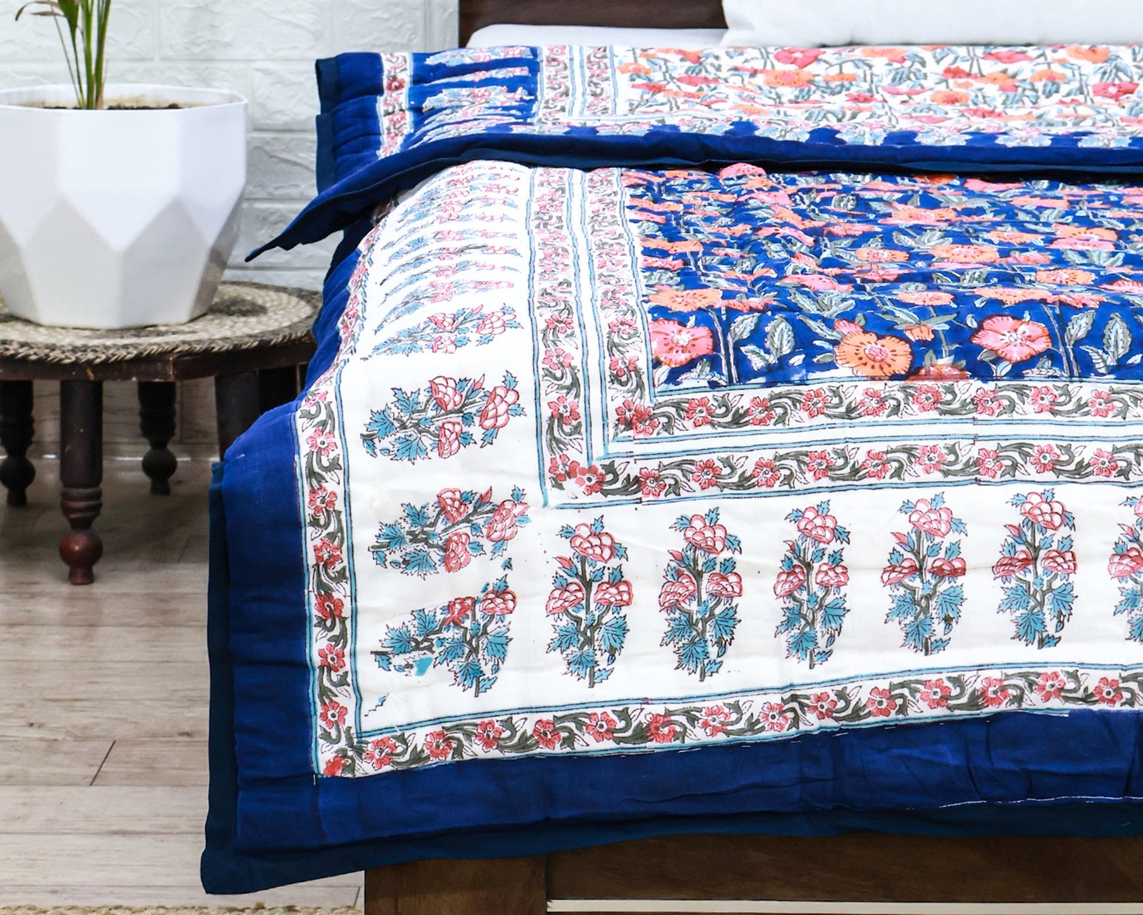 Traditional Handblock Printed Rectangle Quilt with Vibrant Colors - Image 2