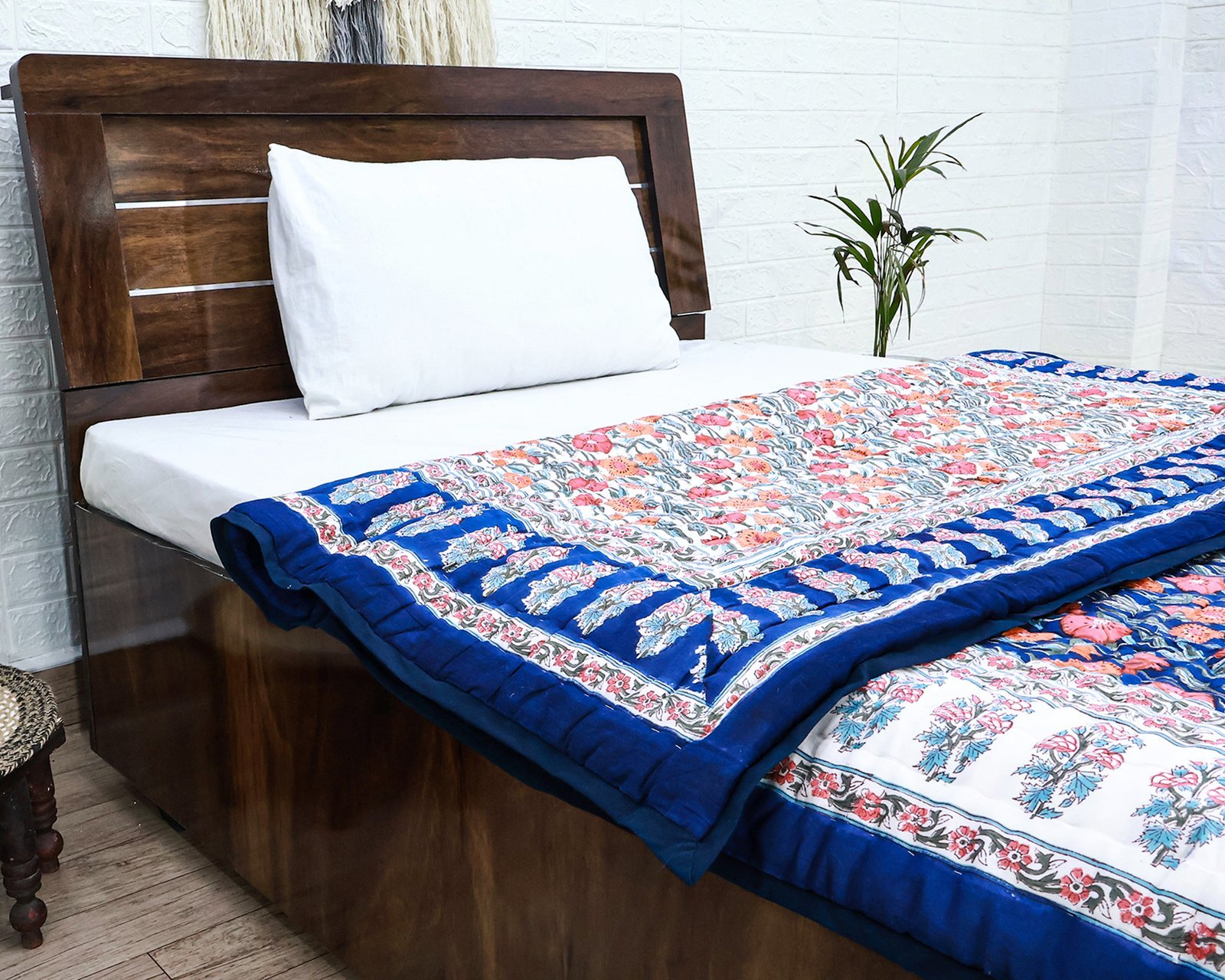 Traditional Handblock Printed Rectangle Quilt with Vibrant Colors - Image 3