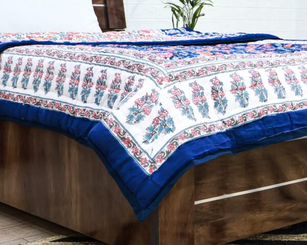 Traditional Handblock Printed Rectangle Quilt with Vibrant Colors - Image 4