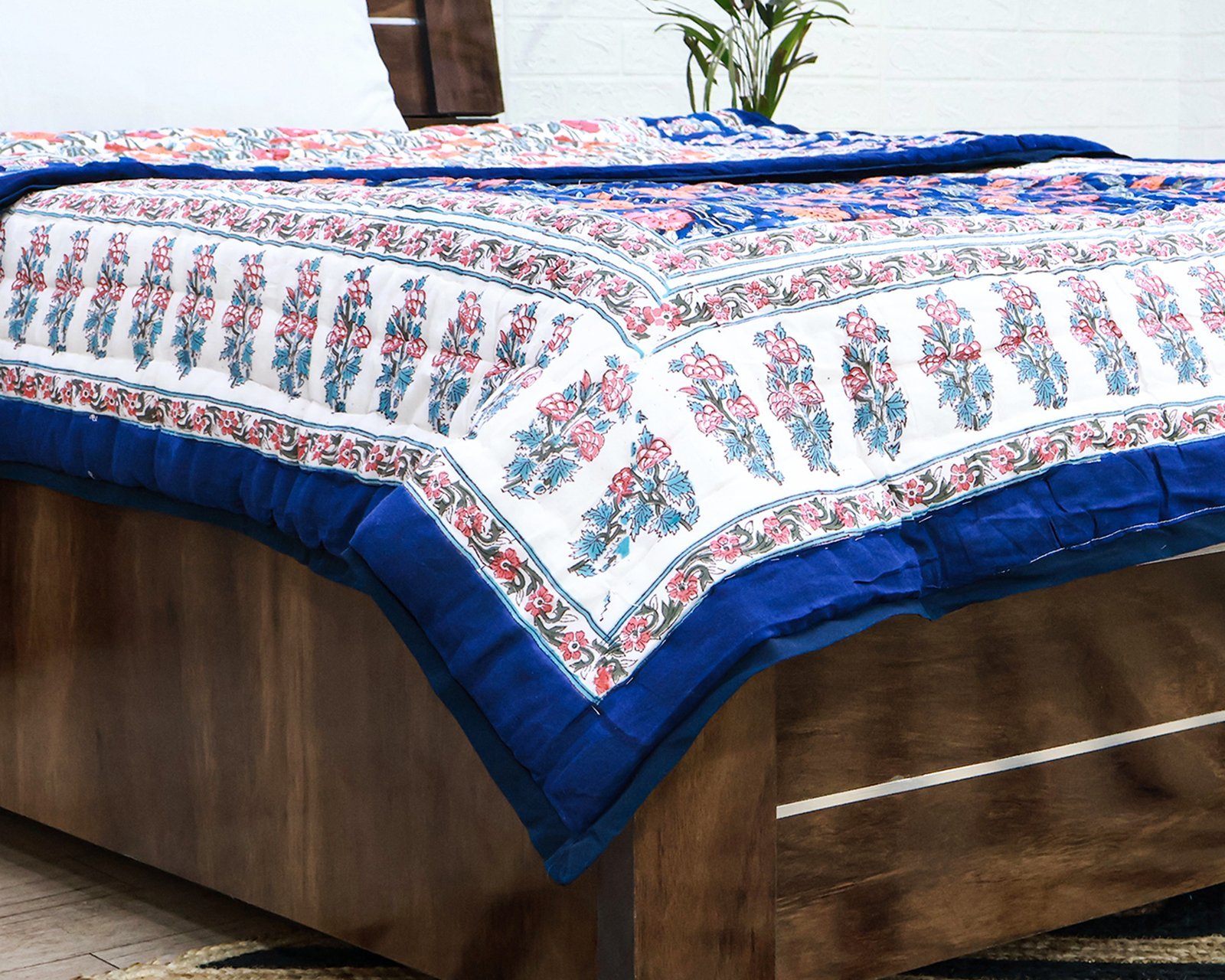 Traditional Handblock Printed Rectangle Quilt with Vibrant Colors - Image 4