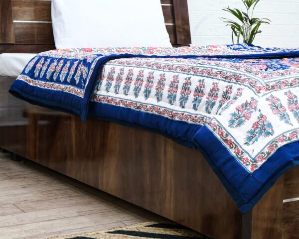 Traditional Handblock Printed Rectangle Quilt with Vibrant Colors - Image 5