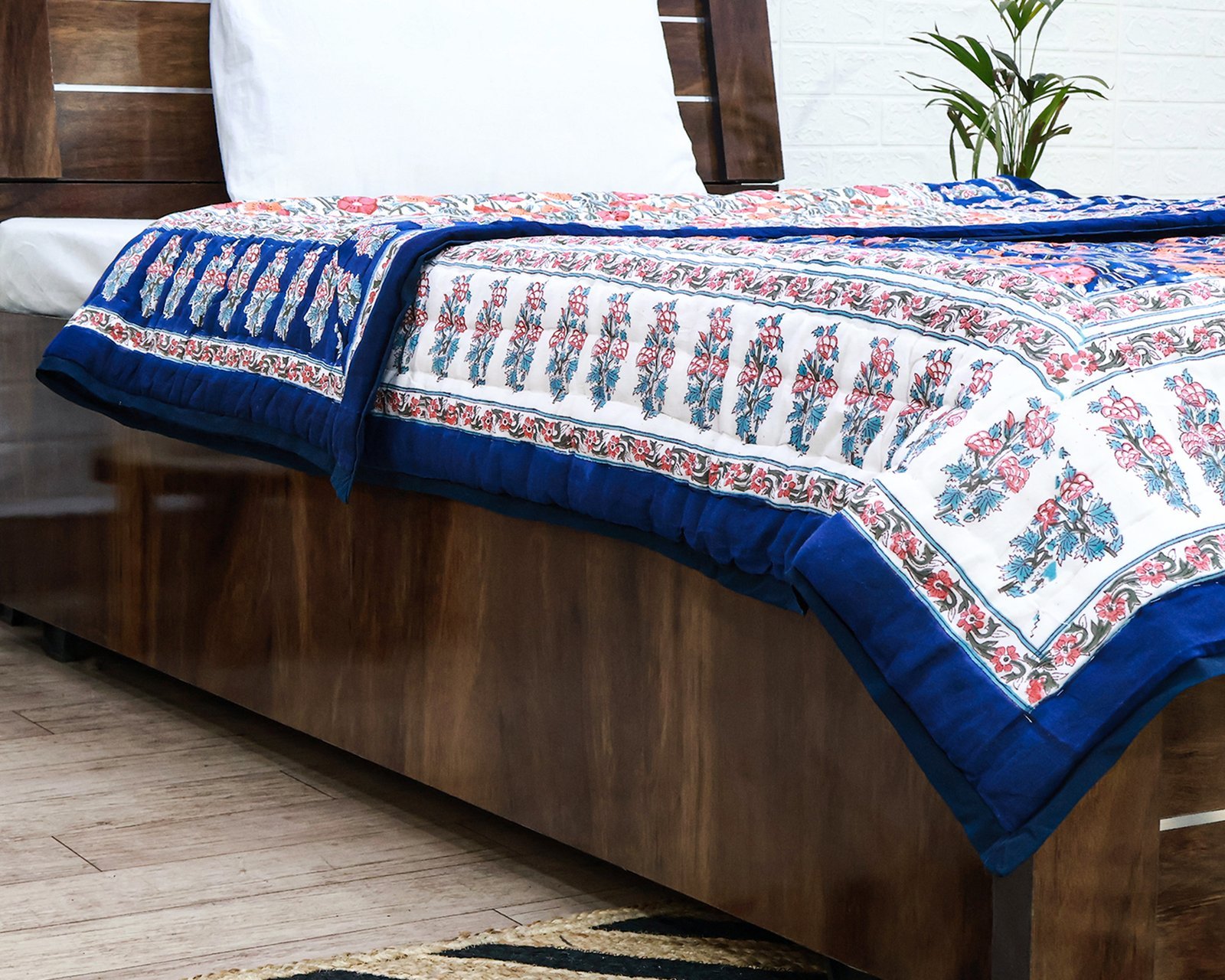 Traditional Handblock Printed Rectangle Quilt with Vibrant Colors - Image 5